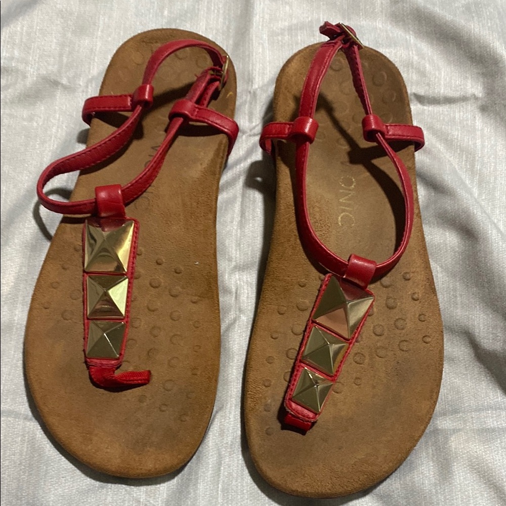 Red Vionic T-strap Sandals with Gold Studs